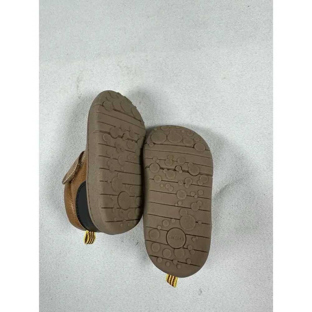 Carter's Brown Hook & Loop Strap Bootie Baby Shoes Faux Leather Rubber Sole sz4t